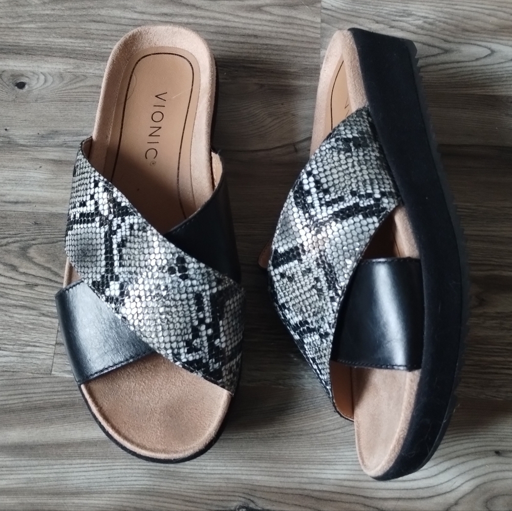 Vionic Hayden Snake Print Leather Sandal Black White Women's Size 6.5